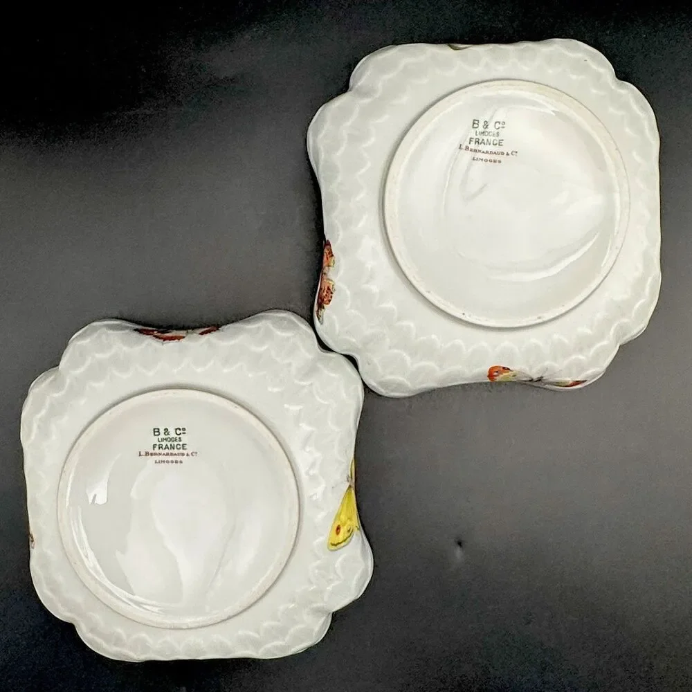 Antique L Bernardaud Limoges Butterfly Porcelain Bowls Pair Gold Gilt France
